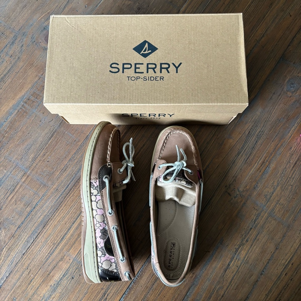 Sperry Top-Sider size 8.5 Angelfish floral metallic & tan boat shoes & box